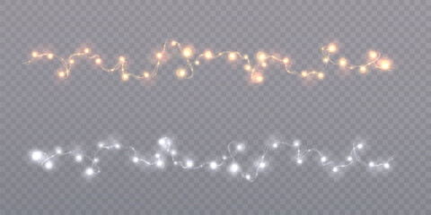 Bright garlands with a golden glow. Christmas lights for holiday illustrations. Garlands of yellow lights glow on a transparent background. Festive chain of lights.