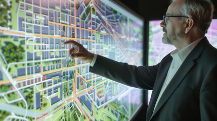 Experienced professional interacting with an elaborate digital map display in an advanced GIS room, indicating strategic planning.