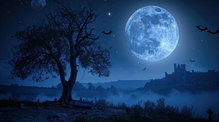 Graveyard cemetery to castle In Spooky scary dark Night full moon and bats on dead tree