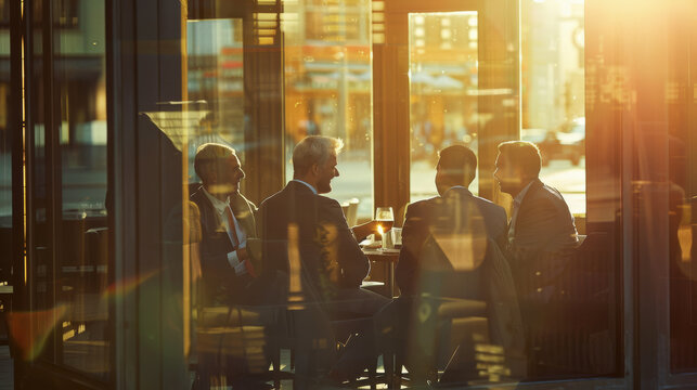 Colleagues engaged in a spirited discussion at a café, set against a backdrop of urban energy and golden sunlight pouring through glass walls.