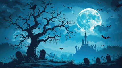 Fototapeta premium Graveyard cemetery to castle In Spooky scary dark Night full moon and bats on dead tree