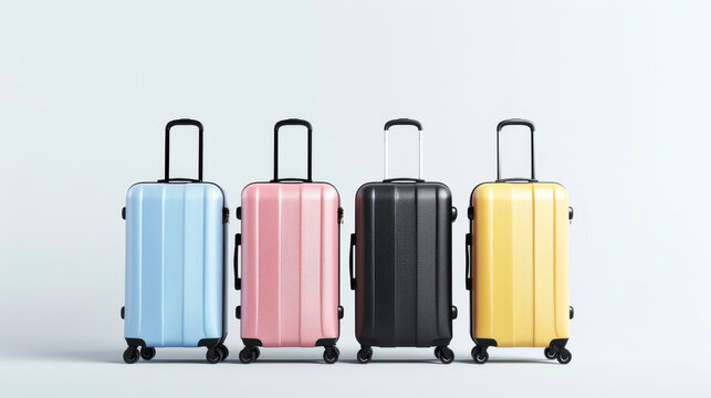 Four sleek suitcases, one in blue, pink, black, and yellow, stand aligned against a light grey background, signifying organized travel plans.