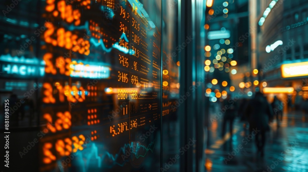 Poster a digital display showing a stock market ticker with scrolling financial graphs and market data in r