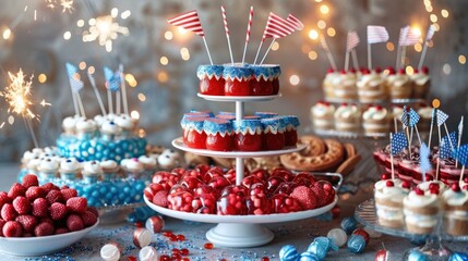Creative Dessert Table with Red, White, and Blue Jelly Treats for Independence Day