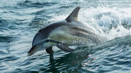 Fototapeta premium A dolphin swimming alongside a boat, playfully riding the bow wave with its sleek body.