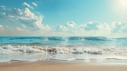 Fototapeta premium A serene beach scene with gentle waves washing up the shore under a bright blue sky filled with fluffy clouds.