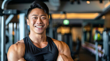 A fit man in a black tank top, grinning, stands with folded arms in a brightly lit gym environment.