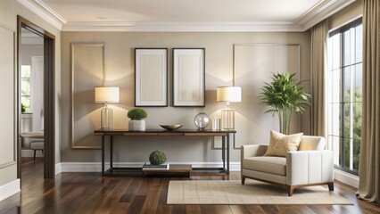 Fototapeta premium Sleek modern living room with cream walls, dark hardwood floor, and empty glass frame on a minimalist wooden console table.