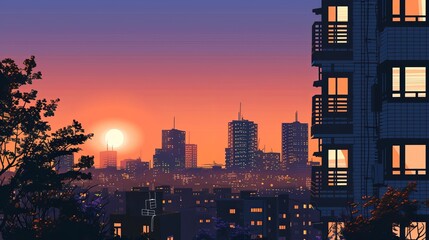 illustration of cityscape at sunset