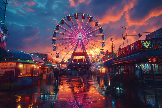 Ferris wheel and carnival games at dusk