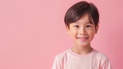 A young boy with short, dark hair smiles cheerfully against a soft pink background