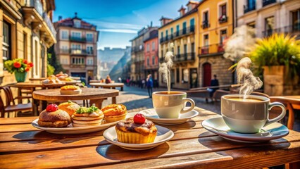 Fototapeta premium Vibrant colors of outdoor cafe setting in Porto, Portugal, featuring delicious cakes and steaming cups on wooden table, warm atmosphere.