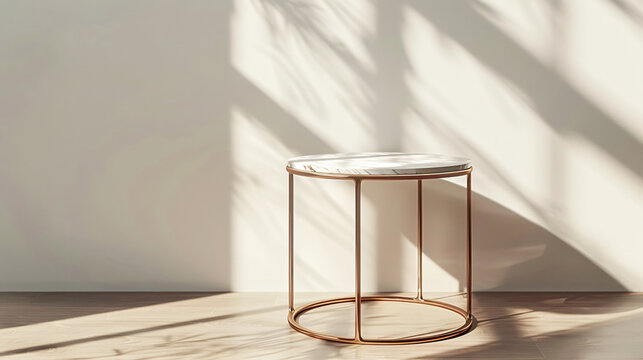 
round marble table with copper frame and legs on a light grey background, a window shadow, a minimalistic interior design concept mockup, a close-up