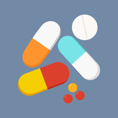 Various meds. Pills, capsules blisters, glass bottles with liquid medicine, plastic tubes with caps. Medication and supplements collection.