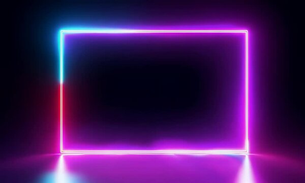 A glowing rectangular neon frame with red and blue lights on a dark background, creating a vibrant and futuristic look.