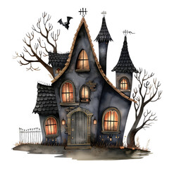 A spooky, gothic-style house with glowing windows and bats flying overhead.  Perfect for Halloween decorations or spooky stories.
