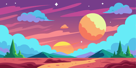 Cartoon landscape with mountains, trees, clouds, and planets in the sky
