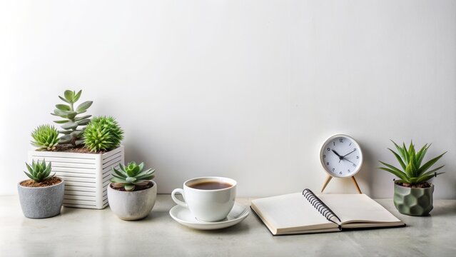 Minimalistic workspace featuring succulents, concrete clock, coffee cup, and open notebook against a crisp white background with ample copy space.