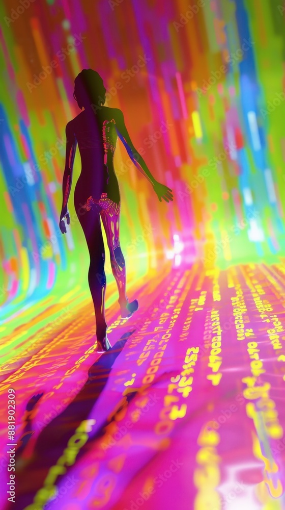 Fototapete abstract digital art featuring a silhouette of a person walking through vibrant, colorful rays and c