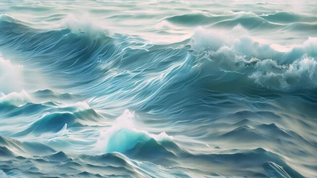 A painting depicting a wave in the ocean, with peaceful waves of powder blue ebbing and flowing, Peaceful waves of powder blue ebbing and flowing