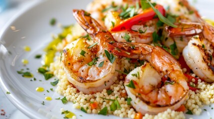 A gourmet dish of grilled shrimp served with couscous salad and drizzled with olive oil, plated elegantly.