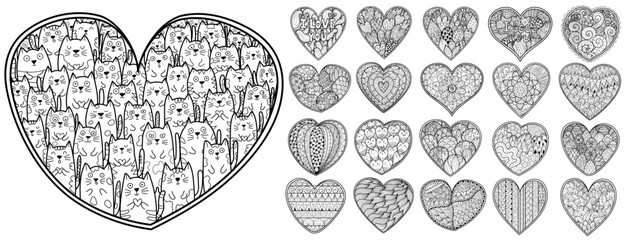 Doodle heart mandalas bundle. Big collection with hand drawn mandalas. Floral and abstract ornaments, funny cats. Great for coloring book, Valentine’s day, cards and prints. Vector illustration
