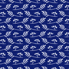 Indigo denim blue leaf motif seamless pattern. Japanese dye batik fabric style effect print background swatch. 