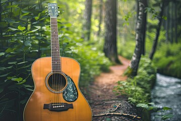 A guitar is sitting on a path in a forest. The guitar is brown and has a green pick guard. The scene is peaceful and serene, with the guitar adding a touch of music to the natural surroundings