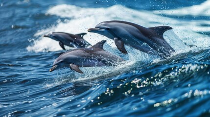 Fototapeta premium A group of dolphins riding waves and surfing together in the open ocean, enjoying playful moments.