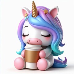 Cute Unicorn Sleepy Holding Coffee Cartoon 3d Generative aI