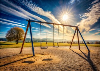 A lonely swing set on a sunny day, with a solitary child's swing hanging still, surrounded by a vast empty space perfect for adding inspirational quotes.