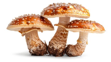Three mushrooms are on a white background. The mushrooms are brown and have a spiky appearance. The mushrooms are arranged in a triangular shape, with the largest mushroom on the left
