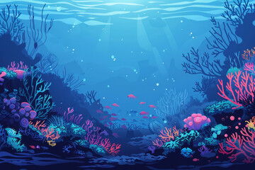 Beautiful underwater scene with colorful coral reefs on both sides and a school of fish swimming in the sunrays