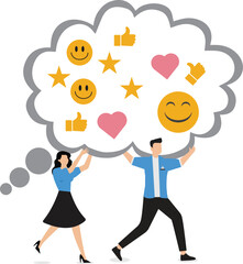 Customer feedback user experience or client satisfaction opinion for product and services review rating or evaluation concept young adult people giving emoticon feedback such as stars thumbs up