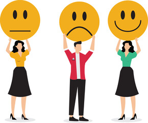 Employee morale team spirit work passion or job satisfaction worker wellbeing or feeling attitude and motivation concept businessman and businesswoman team showing emotion happy and sad faces