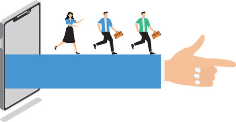 Thought leadership influencer or key opinion leader KOL social marketing for advertising campaign lead or influence by expert person concept hand pointing from mobile with people follow the way