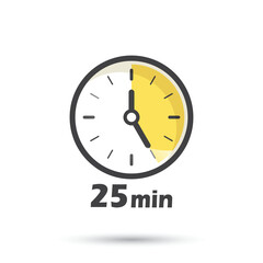 25 minutes on stopwatch icon in flat style. Clock face timer vector illustration on isolated background. Countdown sign business concept.