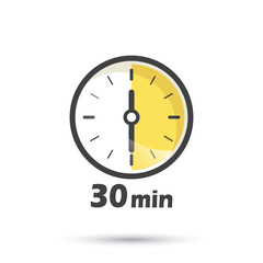 30 minutes on stopwatch icon in flat style. Clock face timer vector illustration on isolated background. Countdown sign business concept.