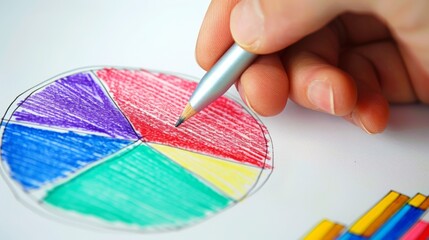 A hand drawing a pie chart on a whiteboard, with colorful segments representing different data points.
