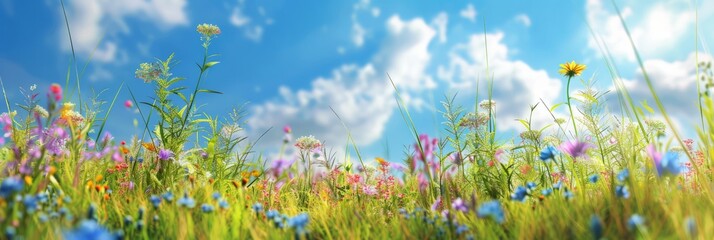 A peaceful meadow with colorful flowers and a clear blue sky