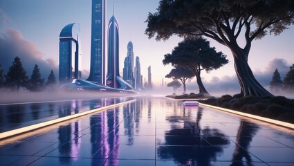 country skyline at sunset A futuristic desktop background