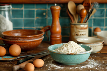 Fototapeta premium Baking ingredients and utensils on a kitchen counte 