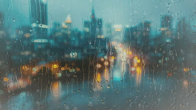 Blurry cityscape through rainy window, 4K animation video looping