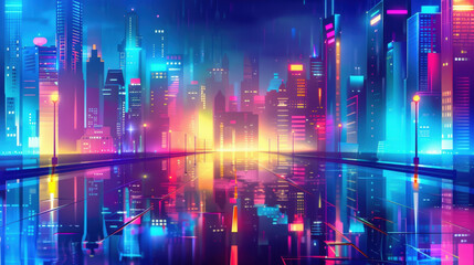 Obraz premium Futuristic cityscape is reflecting on wet asphalt on a night with colorful neon lights illuminating the buildings