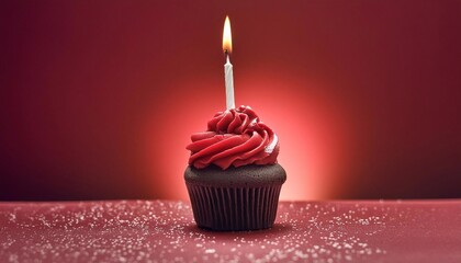 congratulatory red cupcake with a candle on a red background. holiday concept and template for postcard
