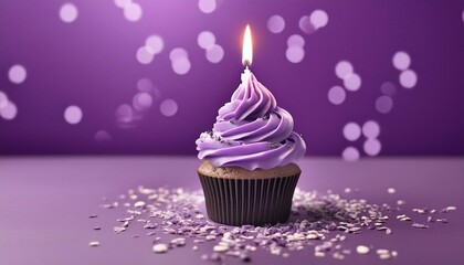 congratulatory purple cupcake with a candle on a purple background. holiday concept and template for postcard
