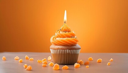 congratulatory orange cupcake with a candle on an orange background. holiday concept and template for postcard
