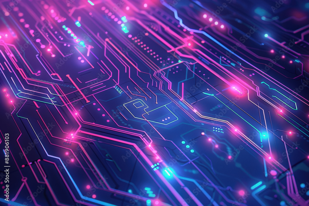 Poster futuristic circuit board with glowing lines, representing the flow of data in a technological enviro