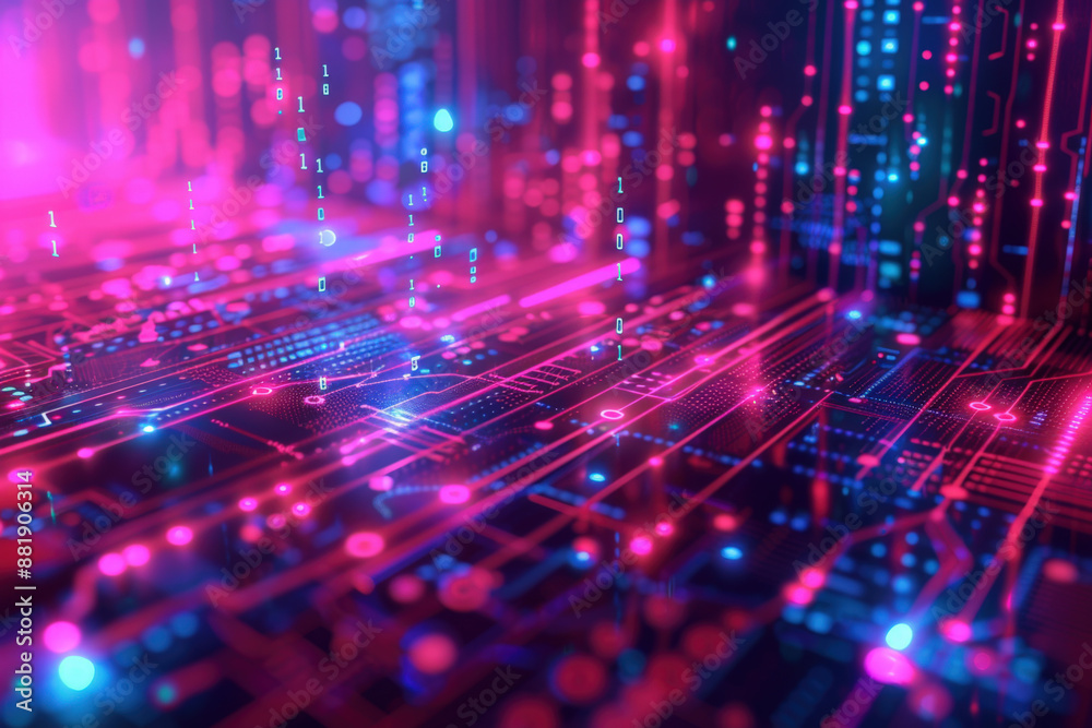 Poster abstract background showing digital data flowing through a circuit board with binary code, represent