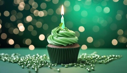 congratulatory green cupcake with a candle on a green background. holiday concept and template for postcard